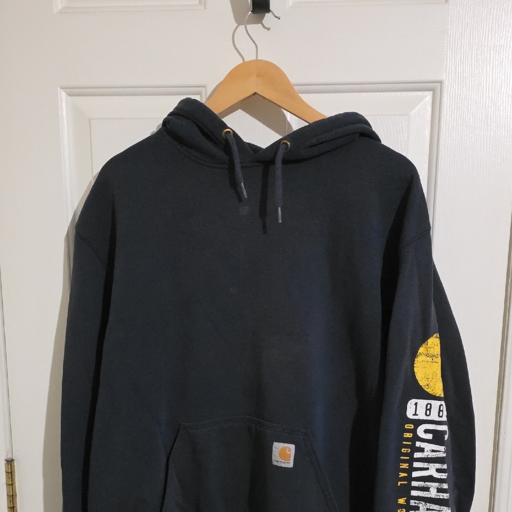 Carhartt Men's Dark Blue Hoodie with Yellow Accents